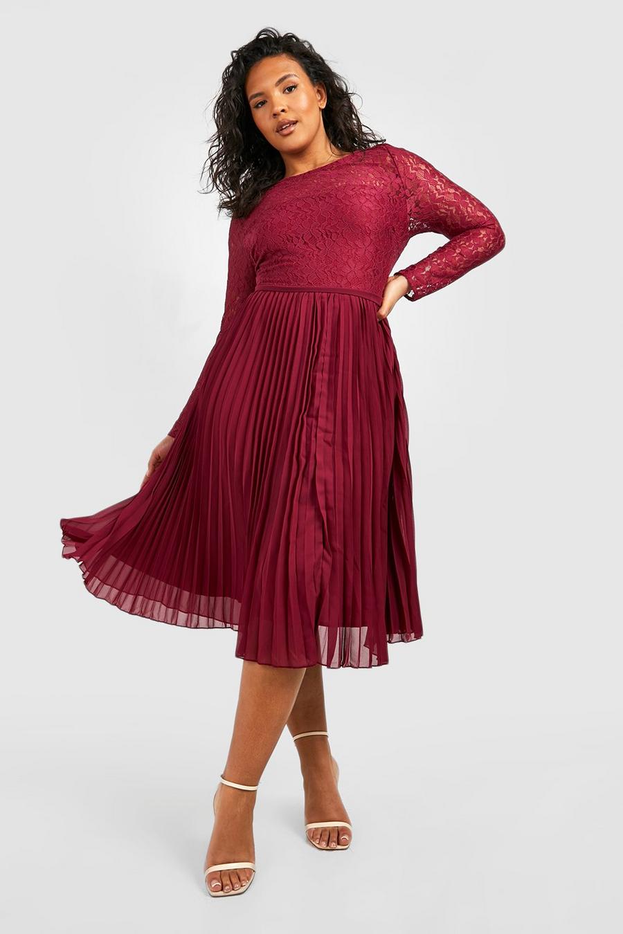 Berry Plus Lace Chiffon Pleated Midi Dress image number 1