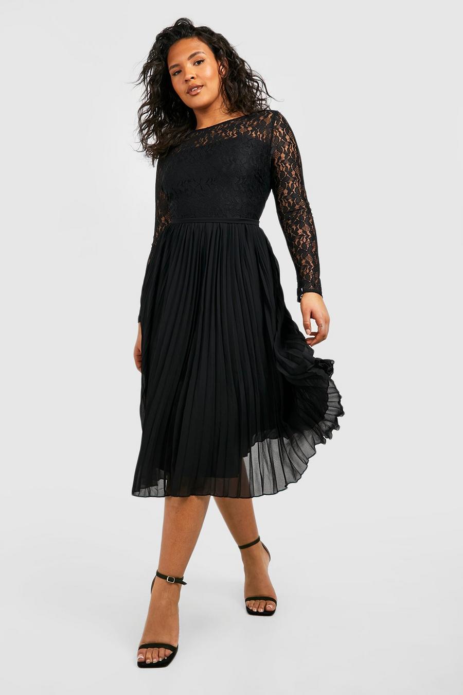 Black Plus Lace Chiffon Pleated Midi Dress