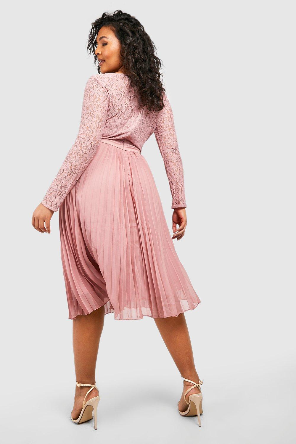 Plus Lace Chiffon Pleated Midi Dress