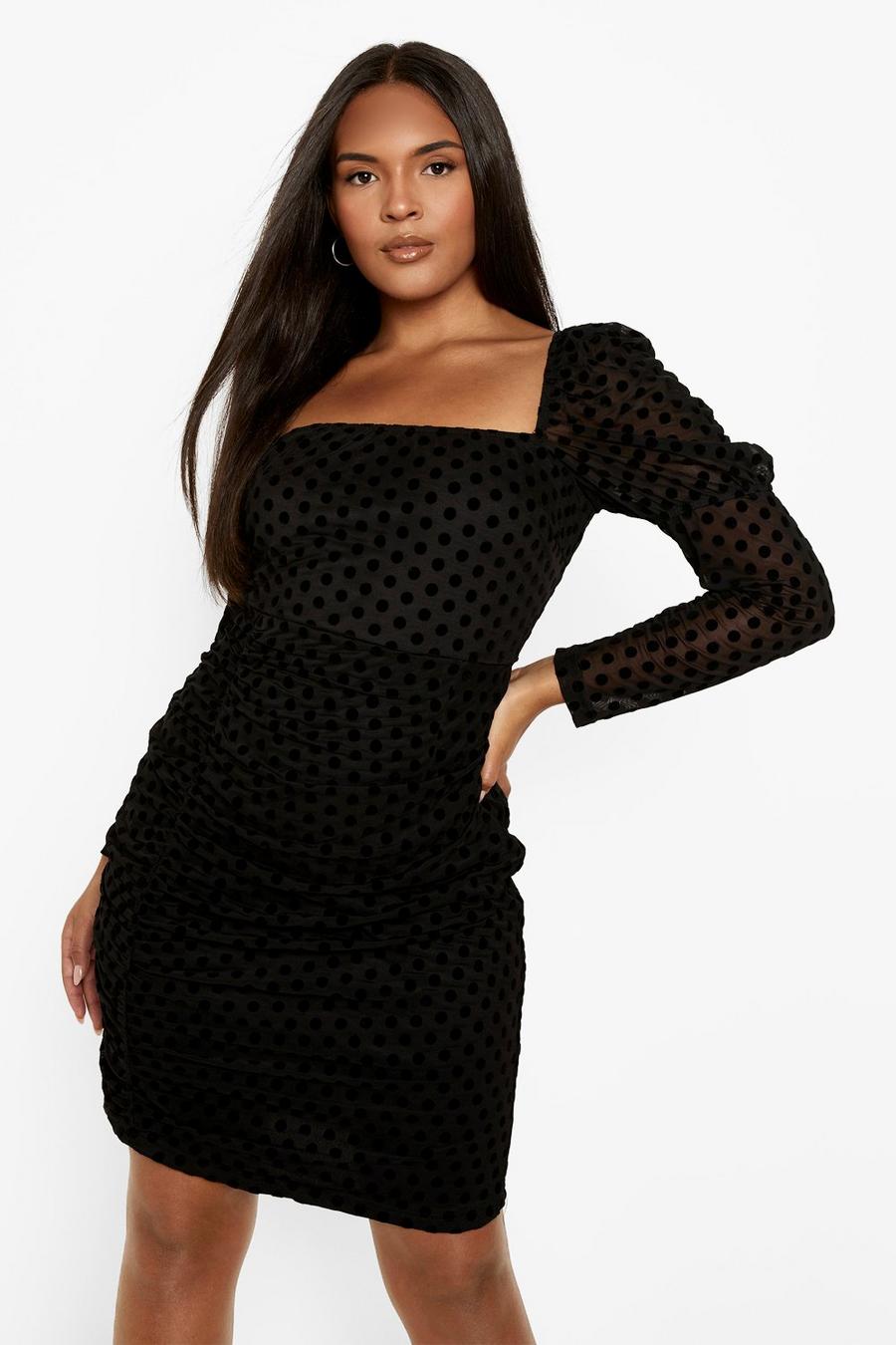 Black Plus Spot Mesh Ruched Bodycon Dress image number 1