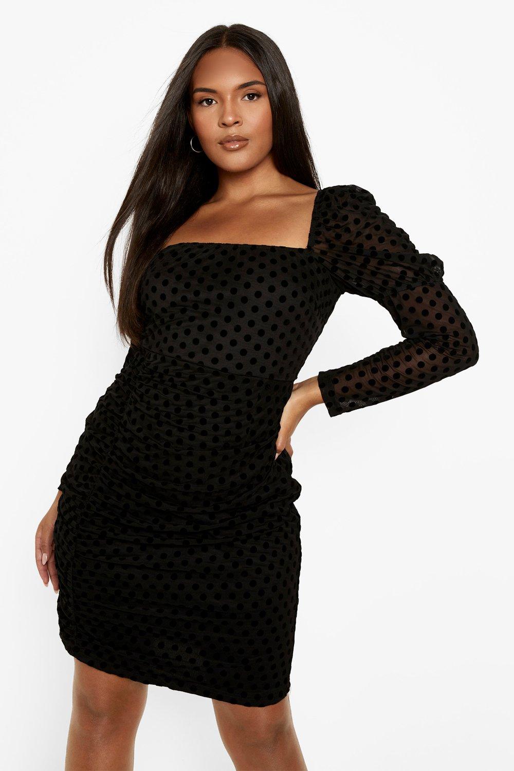 plus black mesh ruched bodycon dress