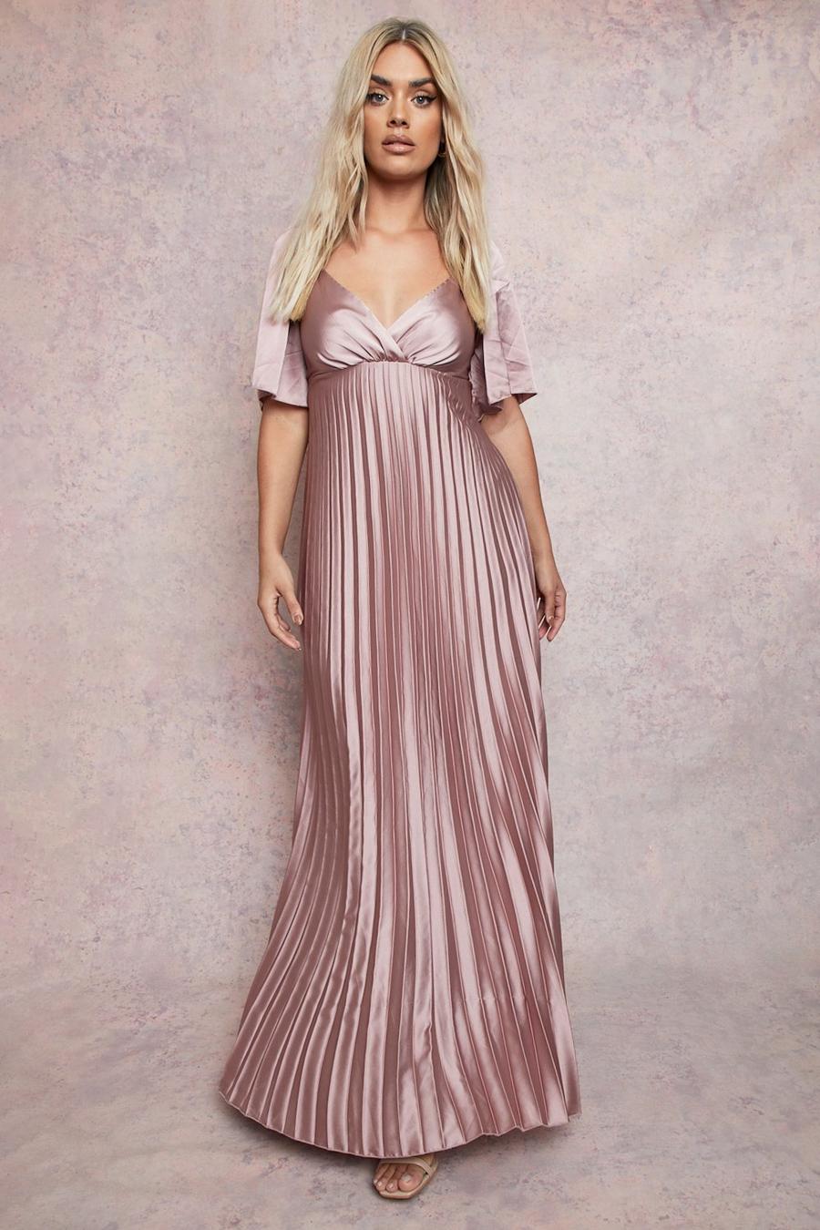 Rose pink Plus Pleated Angel Sleeve Maxi Dress