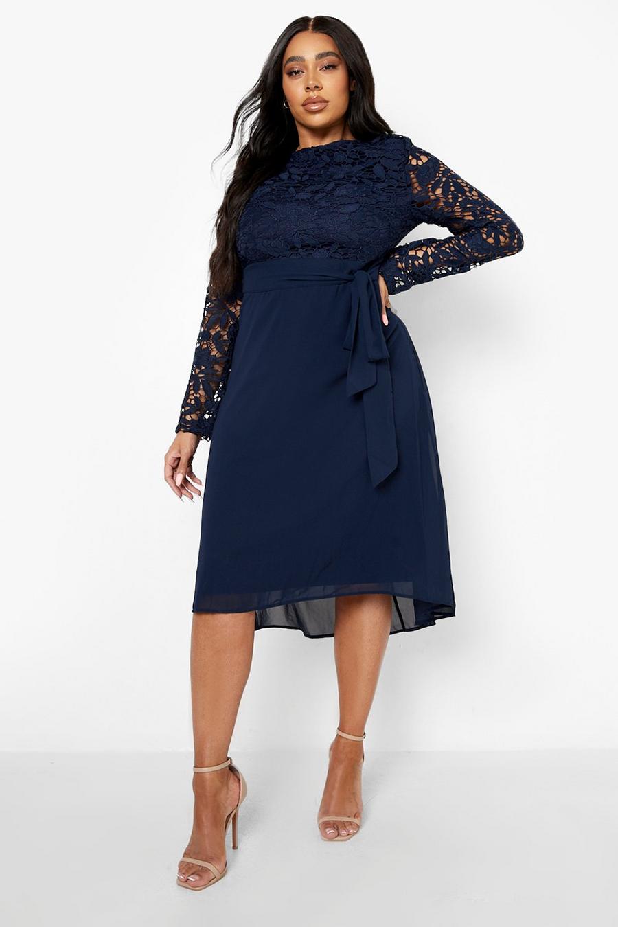 Navy Plus Occasion Lace Contrast Midi Dress image number 1