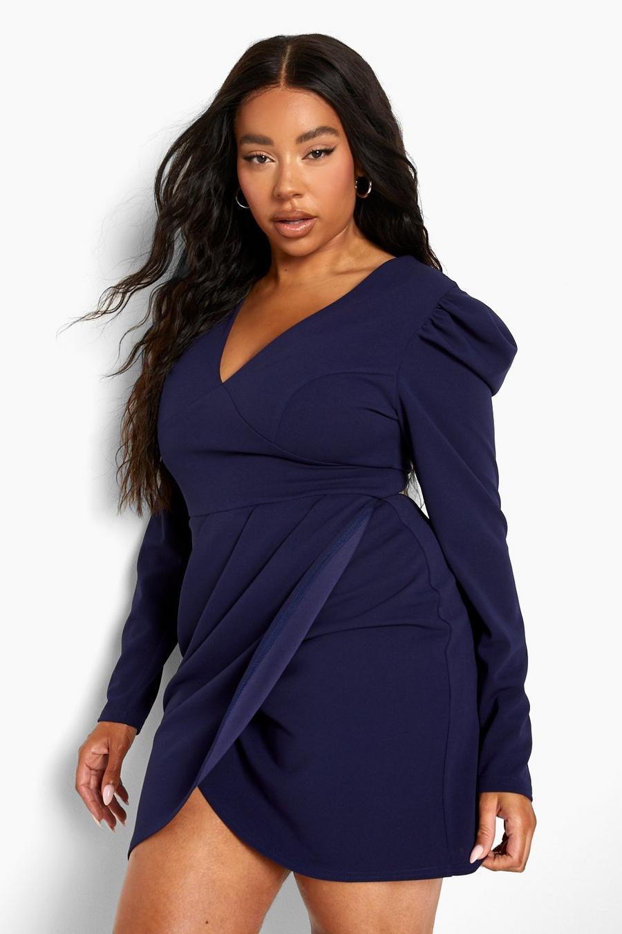 Navy Plus Puff Sleeve Wrap Dress image number 1