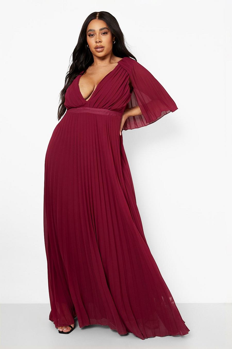 Berry Plus Bridesmaid Pleated Cape Maxi Dress image number 1