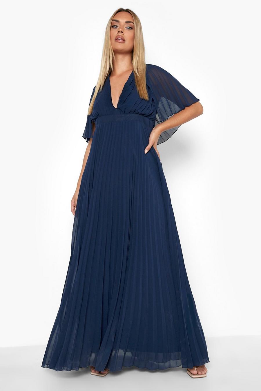 נייבי blu oltremare שמלת מקסי שושבינה עם קפלים ושכמייה, מידות גדולות image number 1