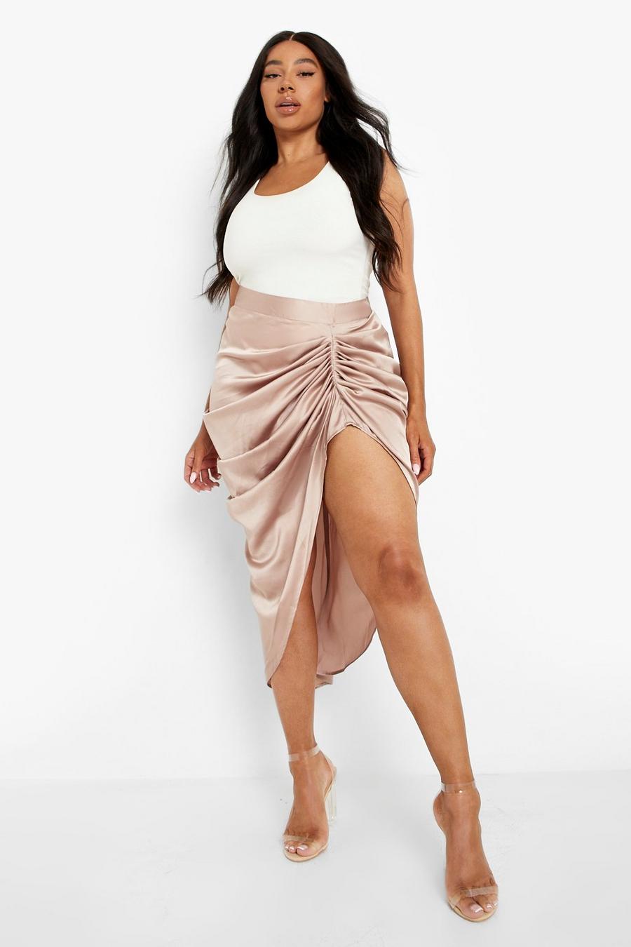 Blush Plus Satin Ruched Wrap Midi Skirts image number 1