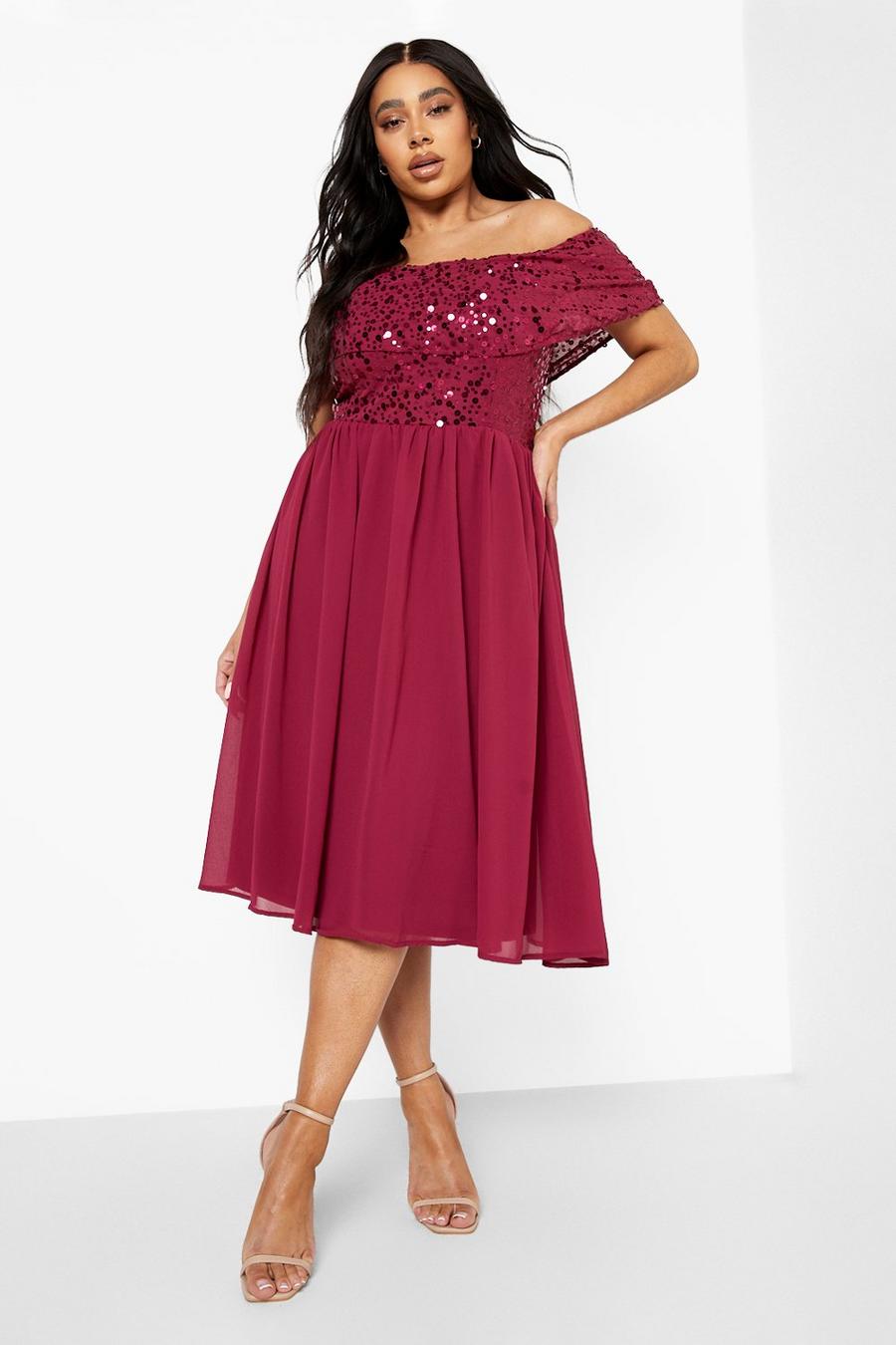Berry red Plus Occasion Sequin Bardot Midi Dress image number 1