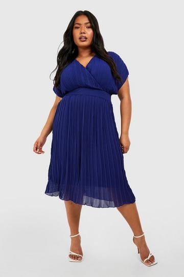 Navy Plus Occasion Pleated Wrap Midi Dress