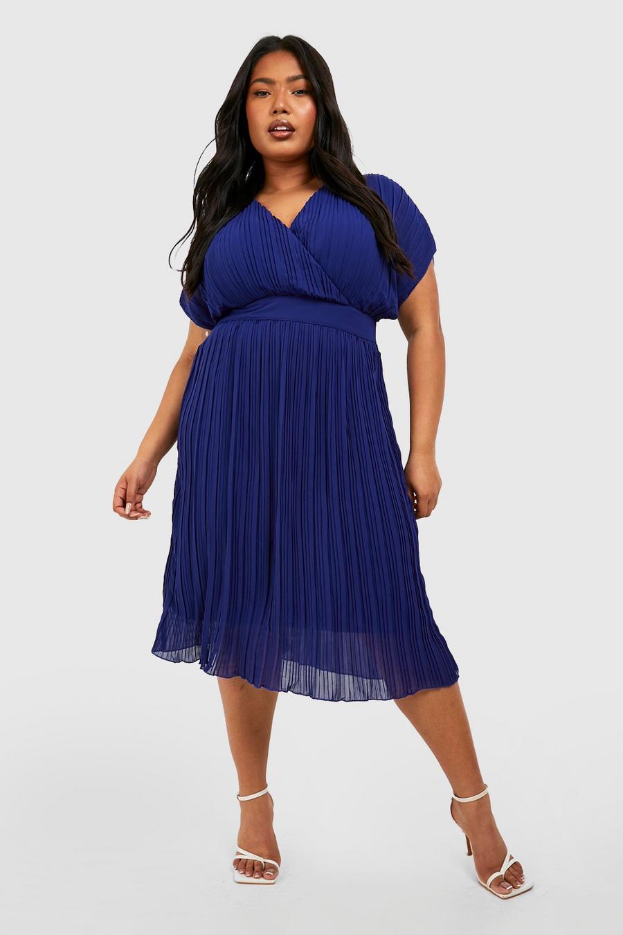 Navy Plus Occasion Pleated Wrap Midi Dress scuba image number 1