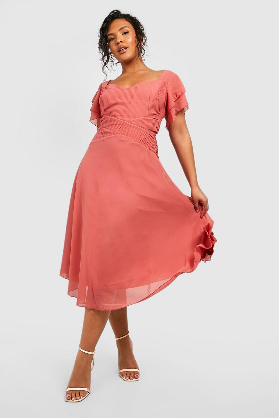 Rose pink Plus Occasion Angel Sleeve Chiffon Midi Dress