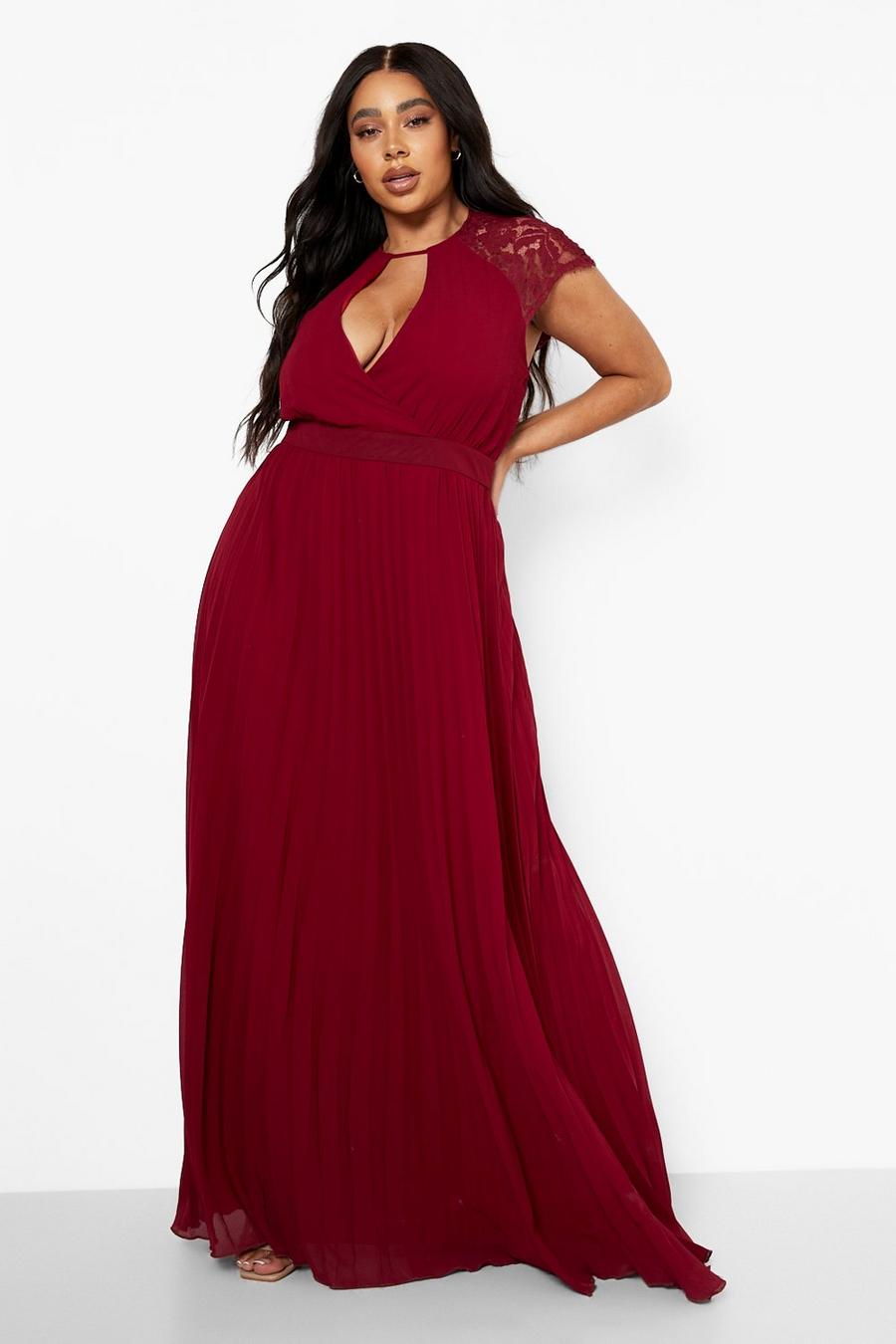 Berry Plus Lace Detail Wrap Pleated Maxi Dress image number 1