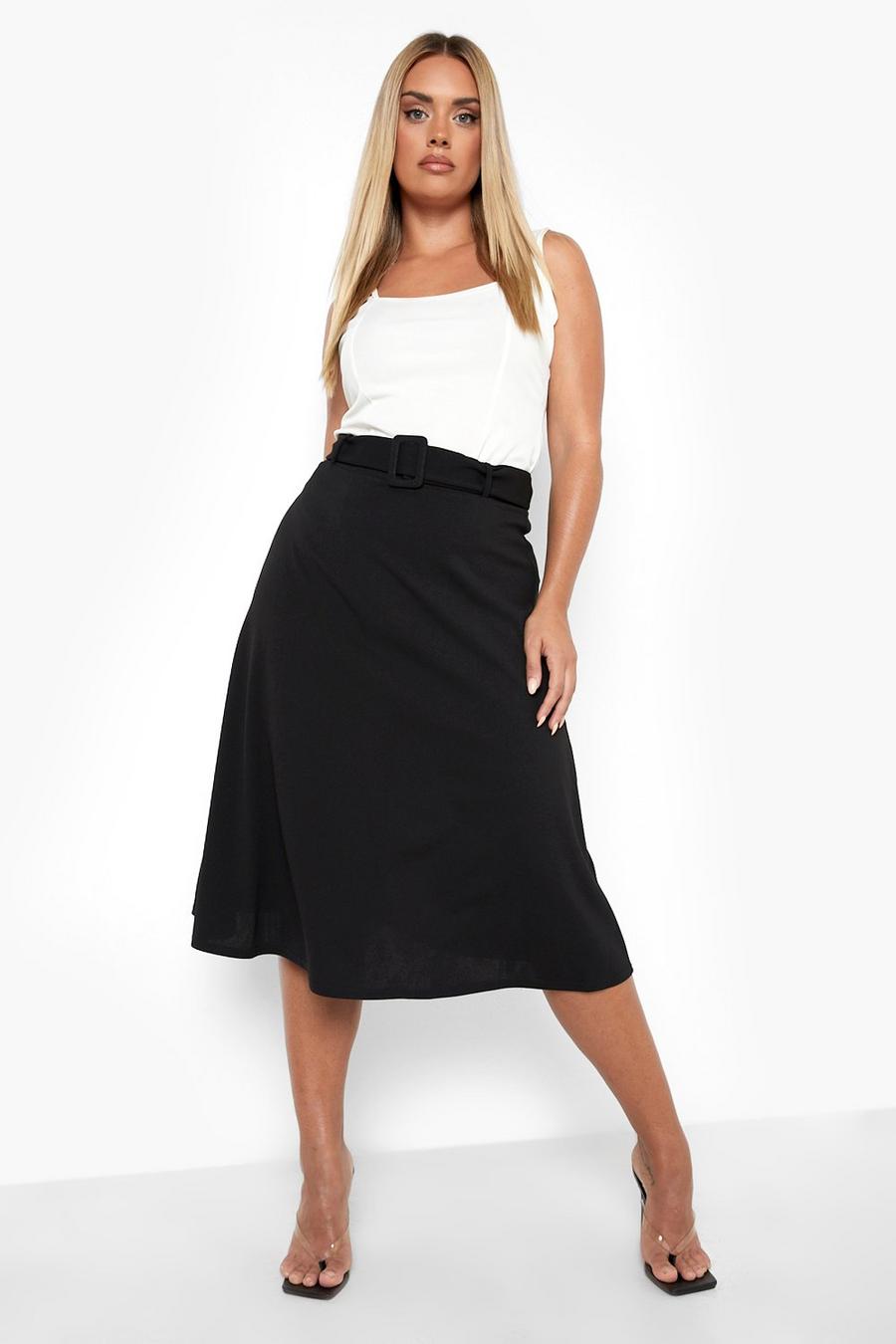 Black Plus Belted A-line Midi Skirt image number 1