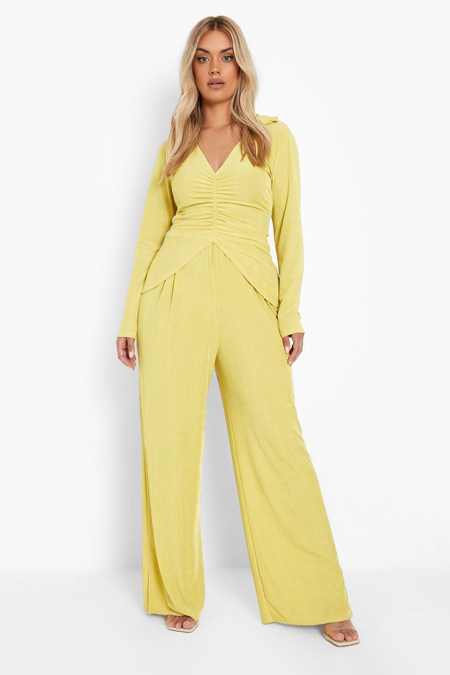Pantaloni Plus Size a coste con spacco, Mustard image number 1