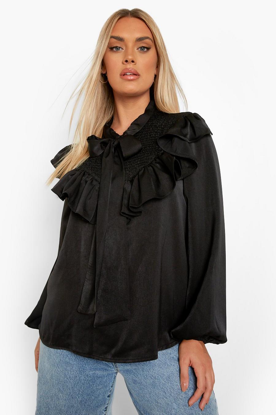 Blusa Plus Size increspata con fiocco al collo, Black image number 1