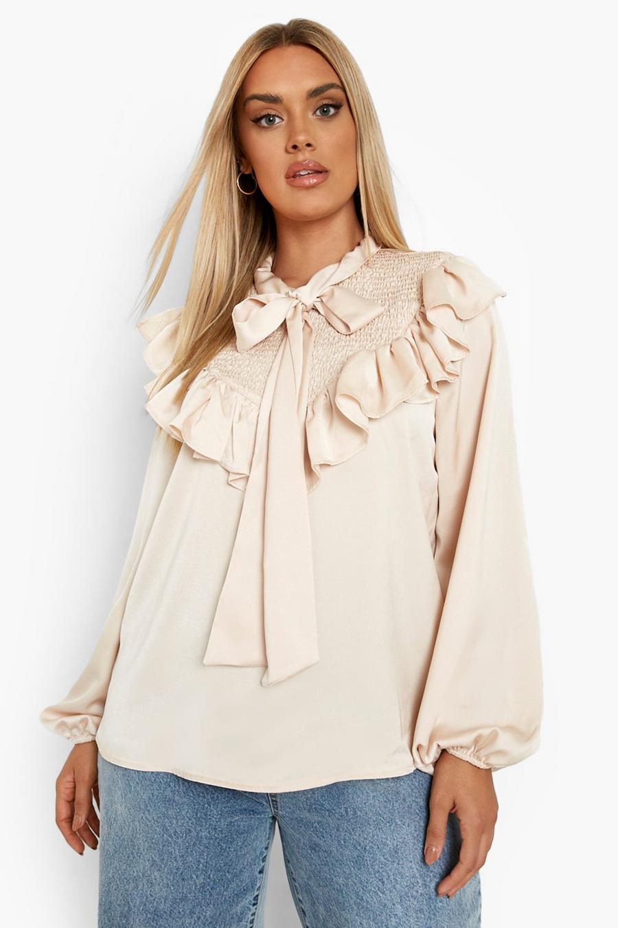Champagne beige Plus Shirred Pussybow Blouse image number 1