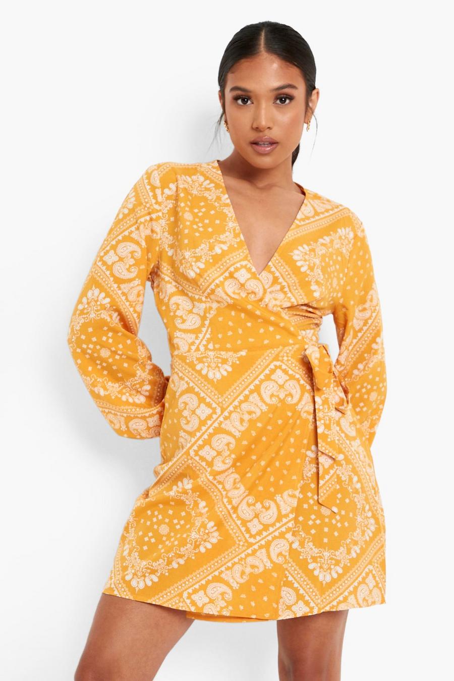 Mustard Petite Bandana Print Woven Wrap Dress image number 1