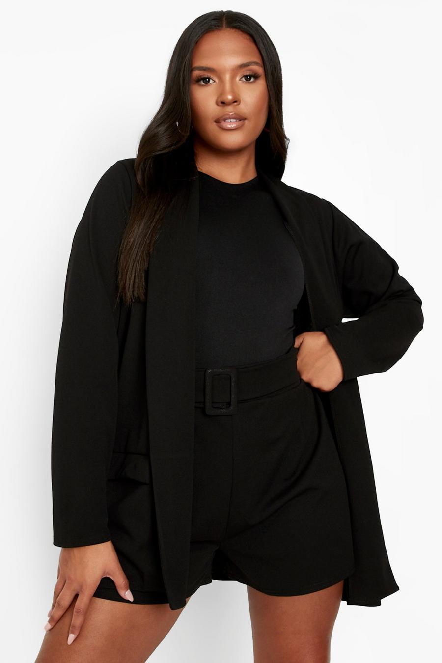 Black Plus Belted Short Tailored Co-ord image number 1