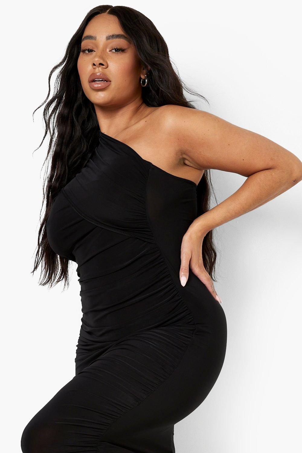 Plus Slinky One Shoulder Ruched Midi Dress