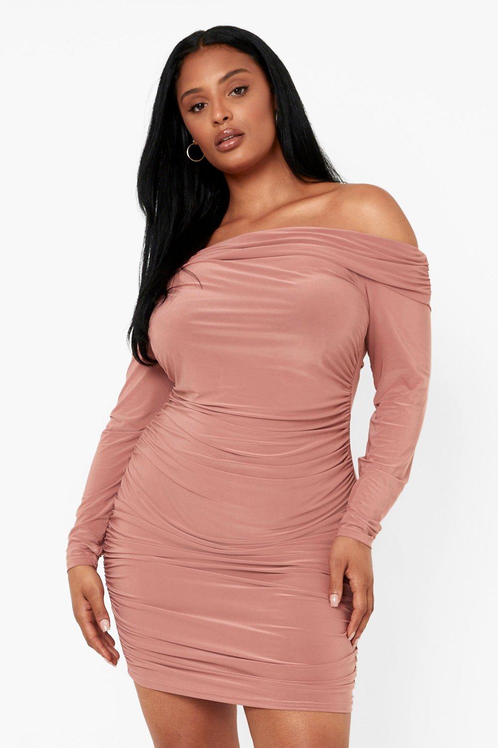 plus size pink off the shoulder dress