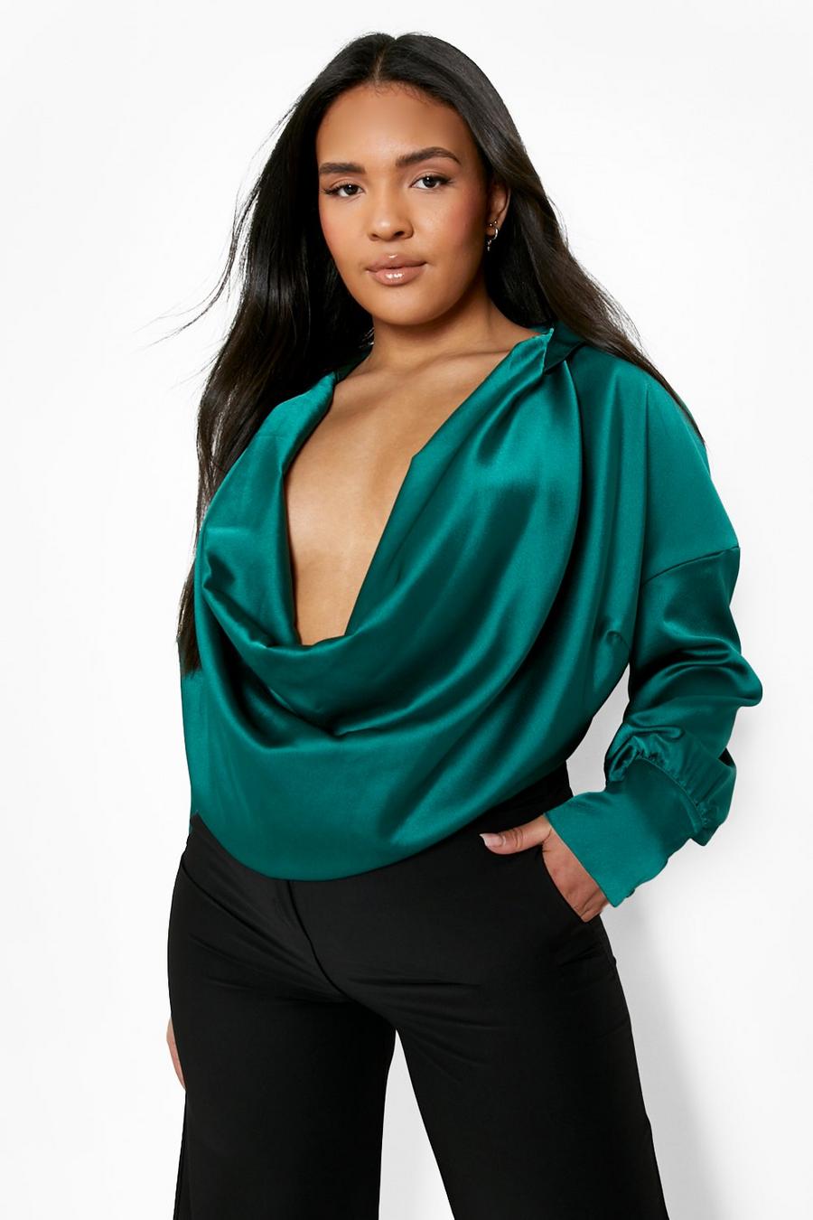 Emerald Plus Cowl Neck Satin Bodysuit image number 1