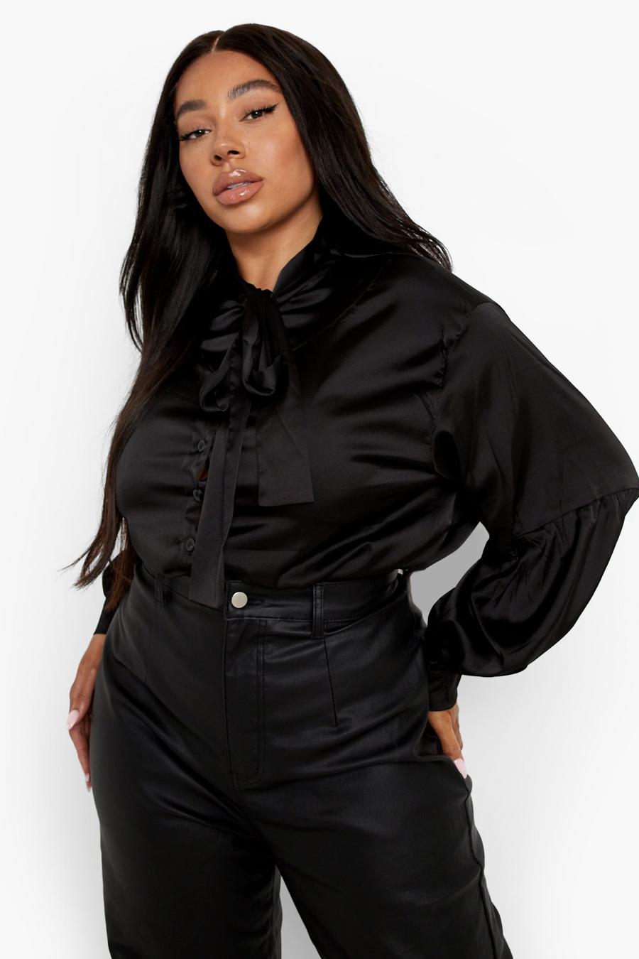 Blusa Plus Size in raso con fiocco al collo, Black image number 1