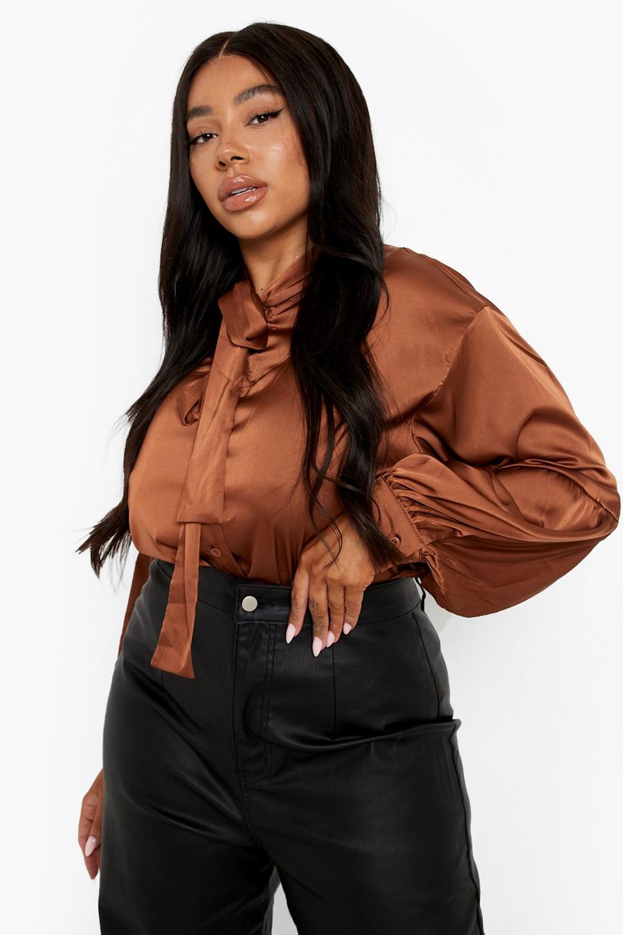 Blusa Plus Size in raso con fiocco al collo, Copper image number 1