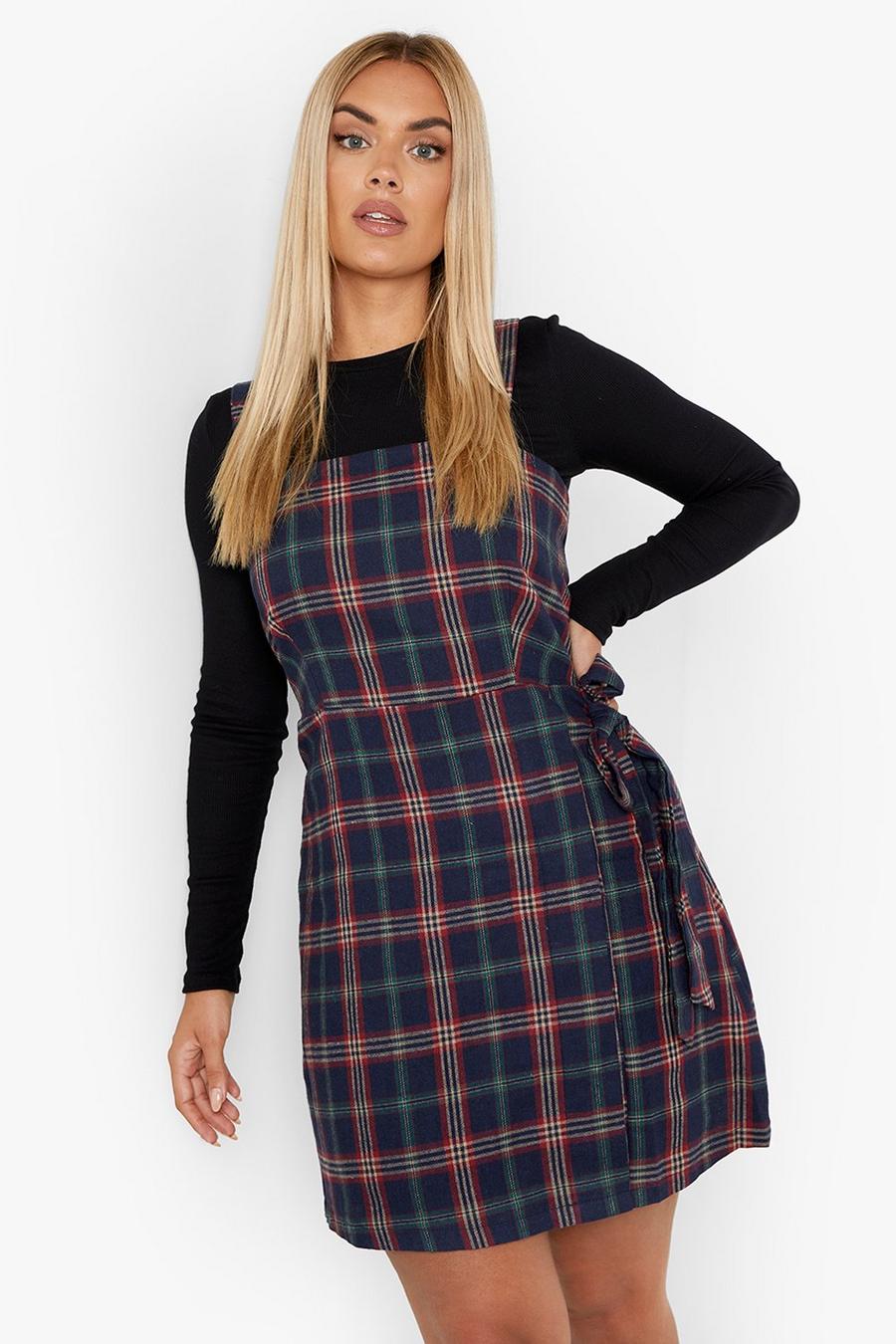 Navy Plus Check  Wrap Pinafore Dress image number 1