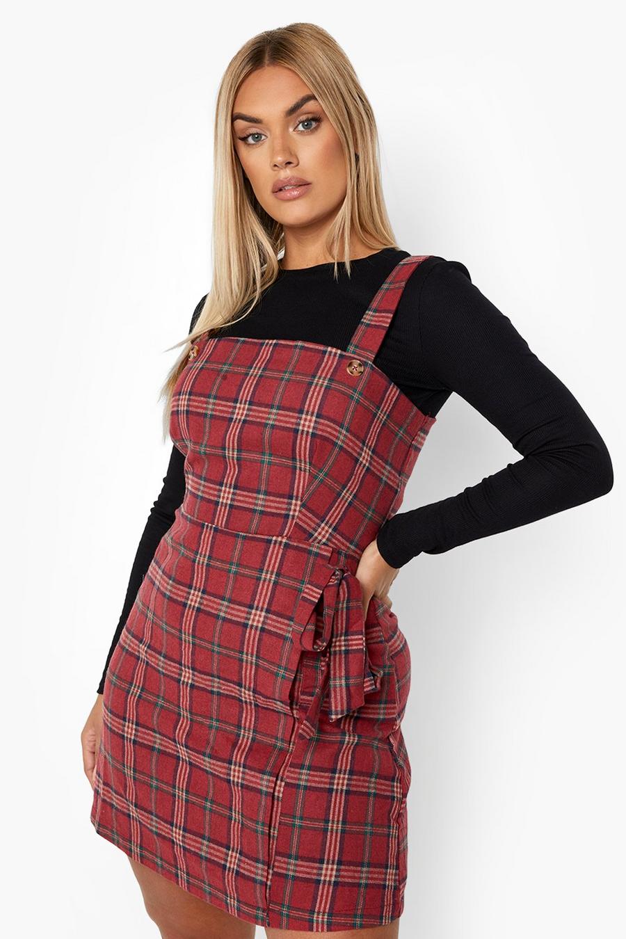 Red Plus Check  Wrap Pinafore Dress