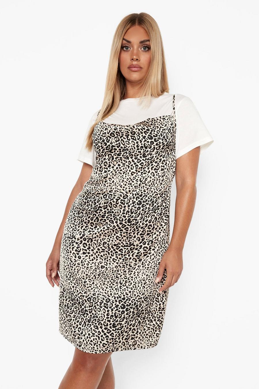 Plus Satin Leopard Slip 2 In 1 T-shirt Dress