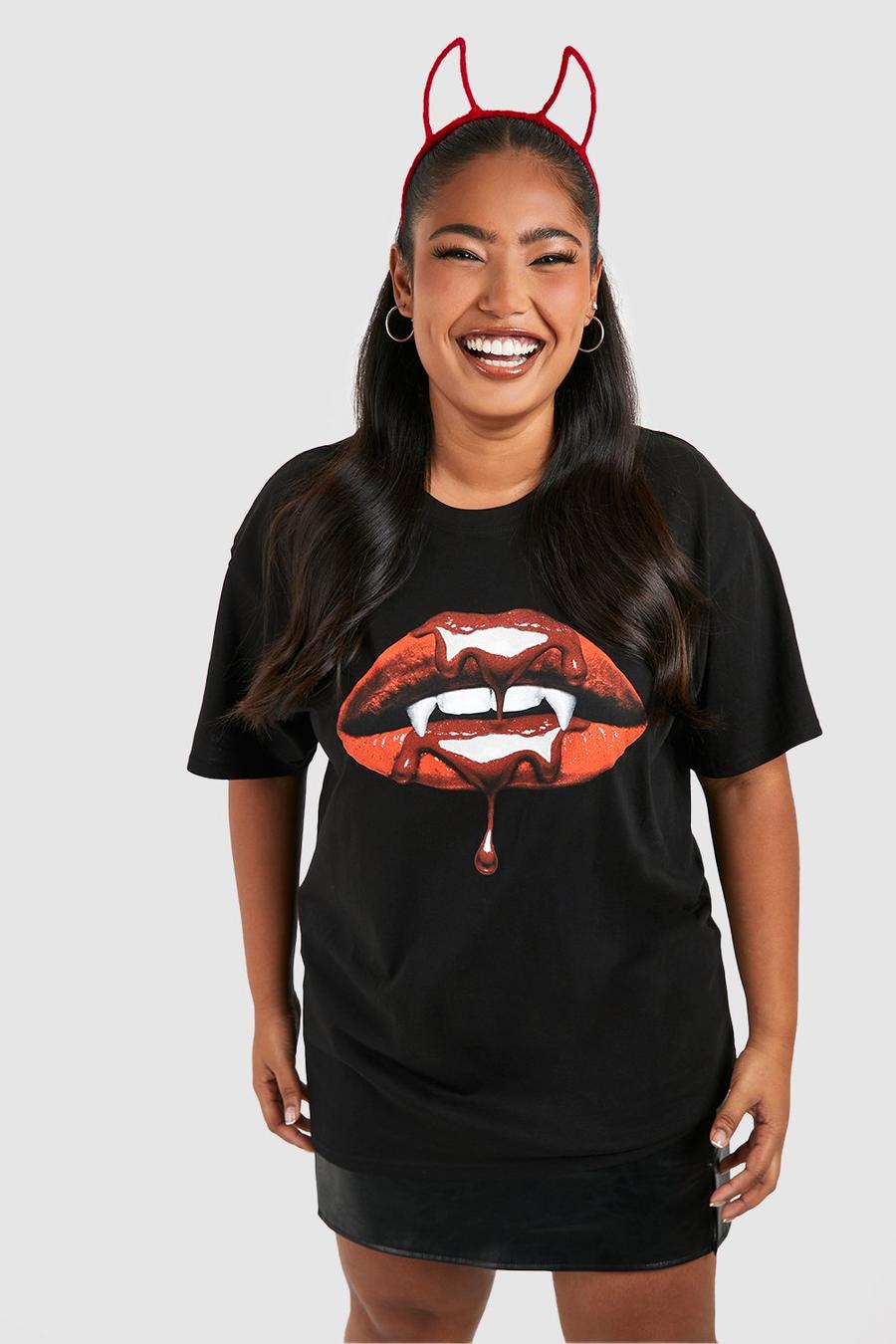 T-shirt Plus Size Halloween con labbra di vampiro, Black image number 1