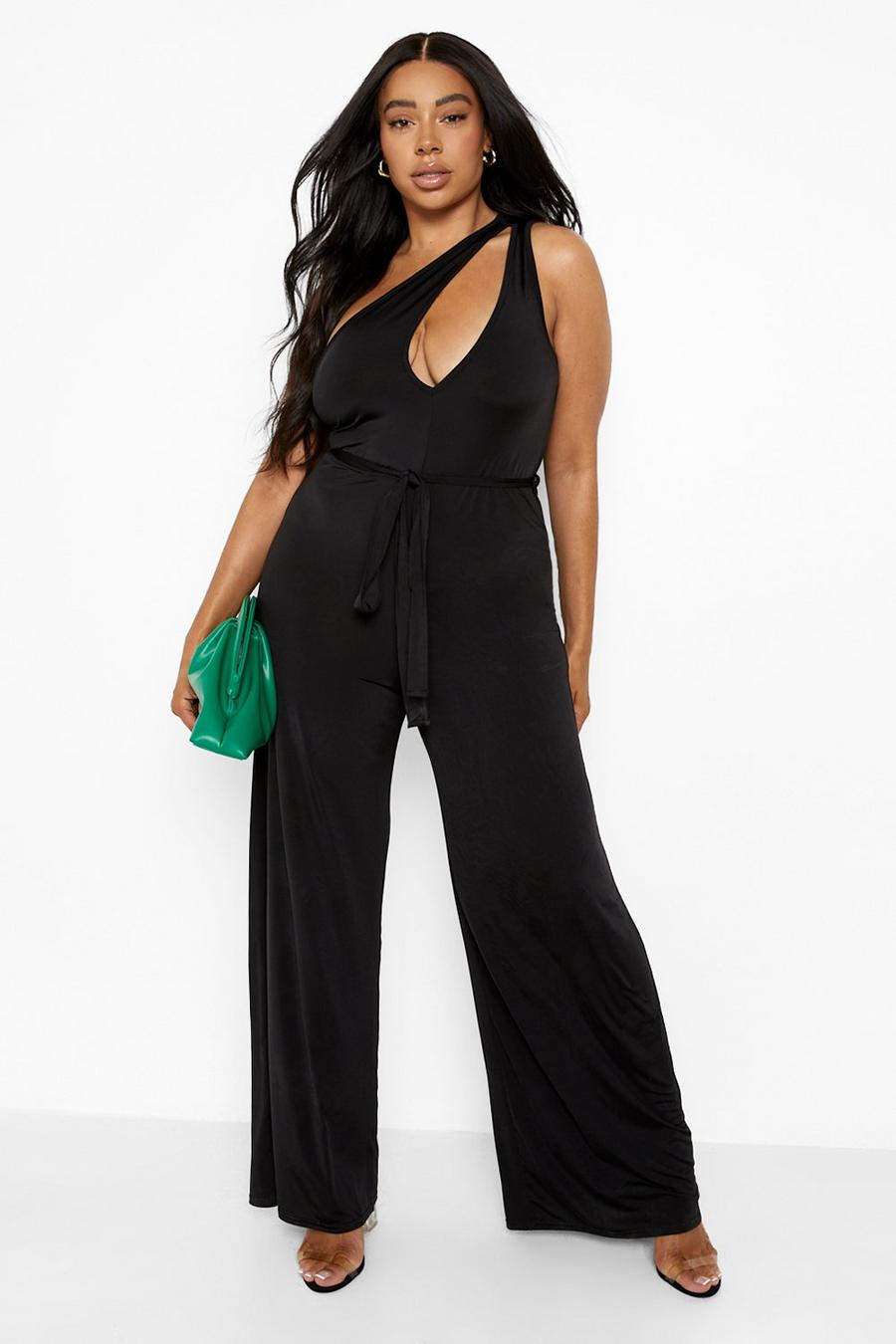 Black Plus Slinky Cut Out Belted Jumpsuit image number 1