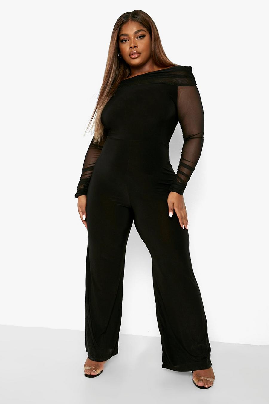 Black svart Plus - Off shoulder-jumpsuit med ärmar i mesh image number 1