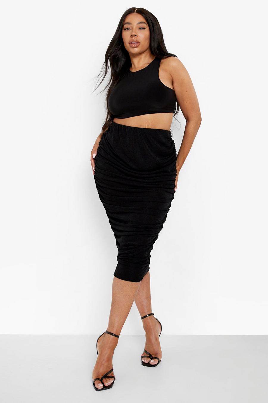 Black Plus Slinky Ruched Midi Skirt image number 1