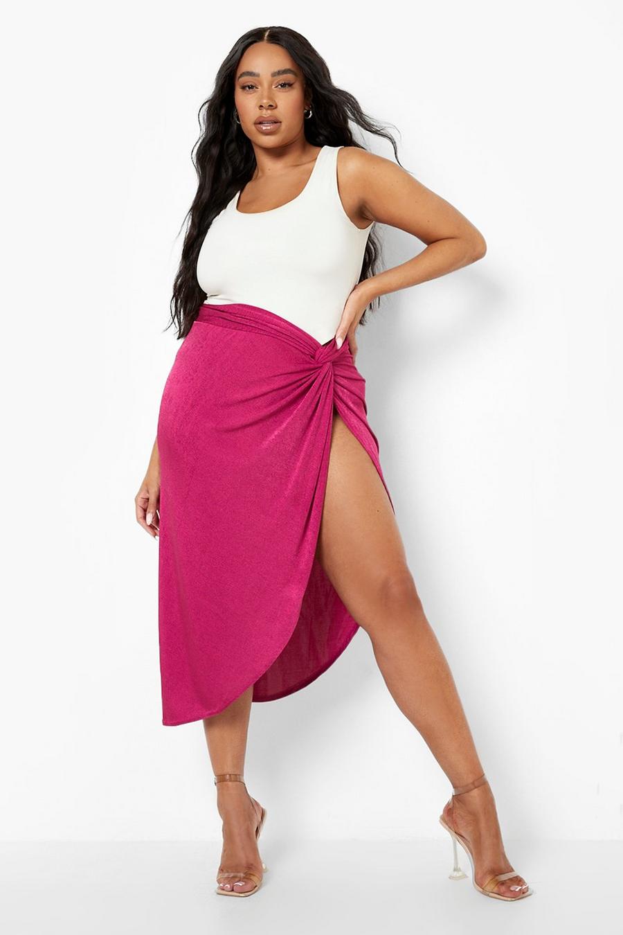 Hot pink Plus Slinky Twist Detail Midaxi Skirt image number 1