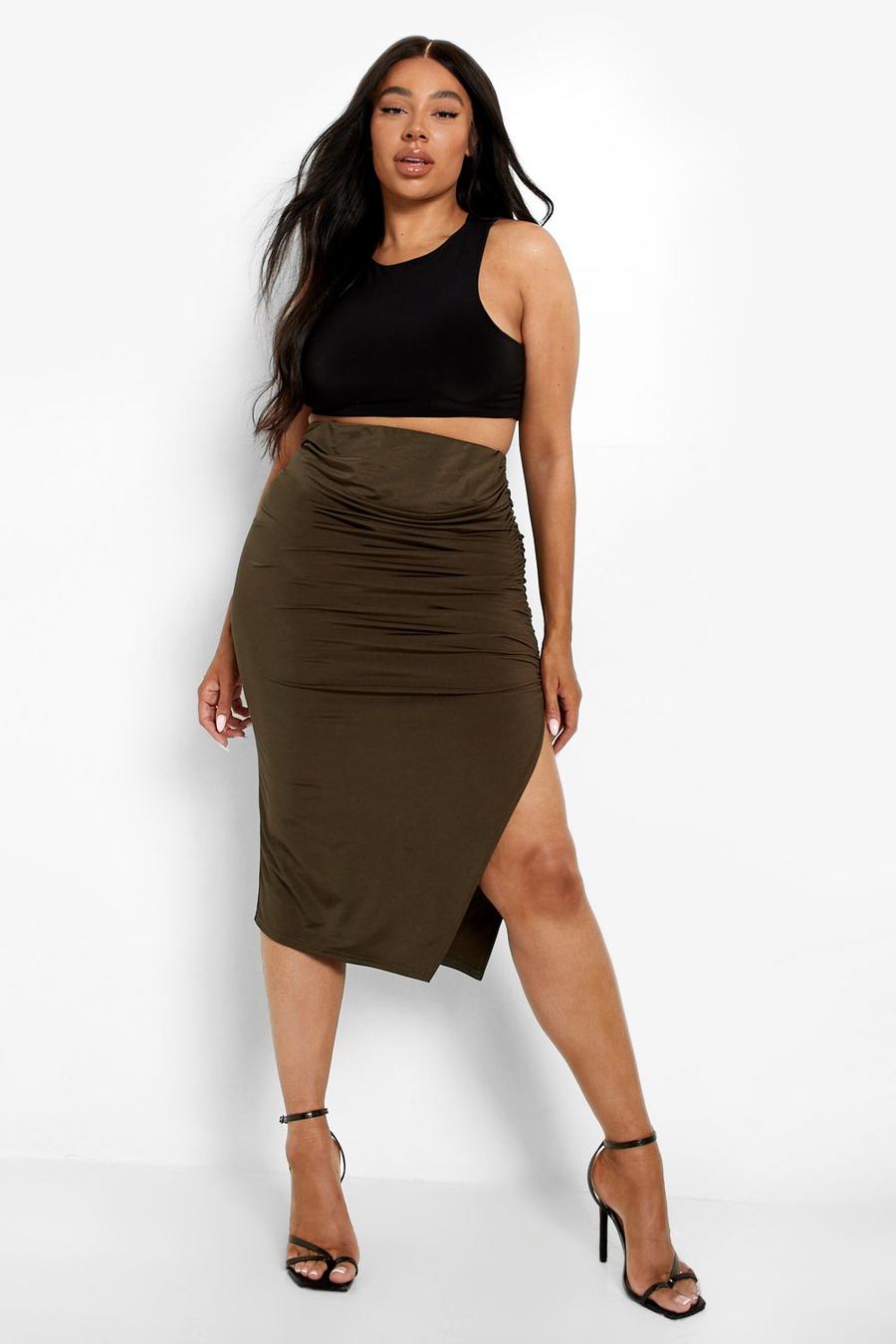 Khaki Plus Slinky High Waist Side Split Midi Skirt
