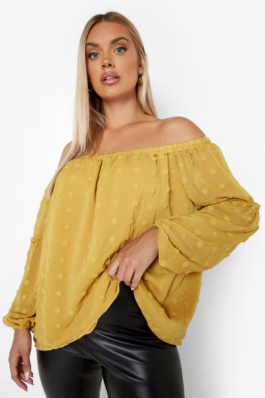 Mustard Plus Oversized Dobby Off The Shoulder Top image number 1