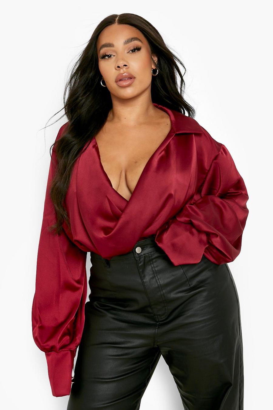Berry Plus Satin Cowl Neck Blouse image number 1