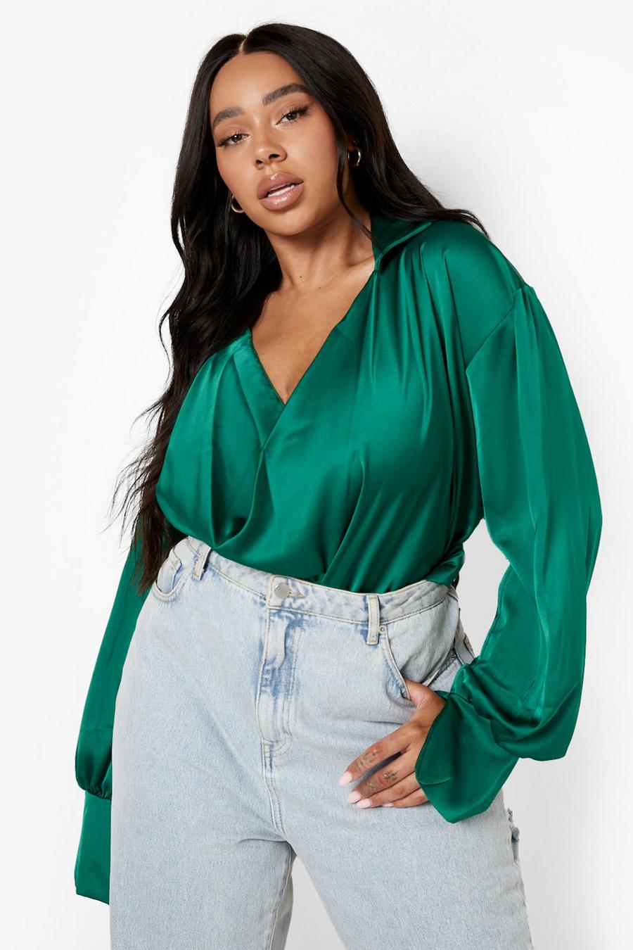 Green Plus Satin Cowl Neck Blouse image number 1