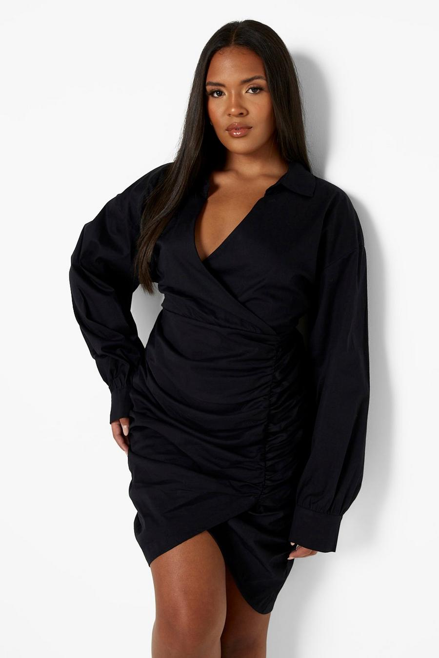 Black Plus Wrap Ruched Woven Shirt Dress image number 1