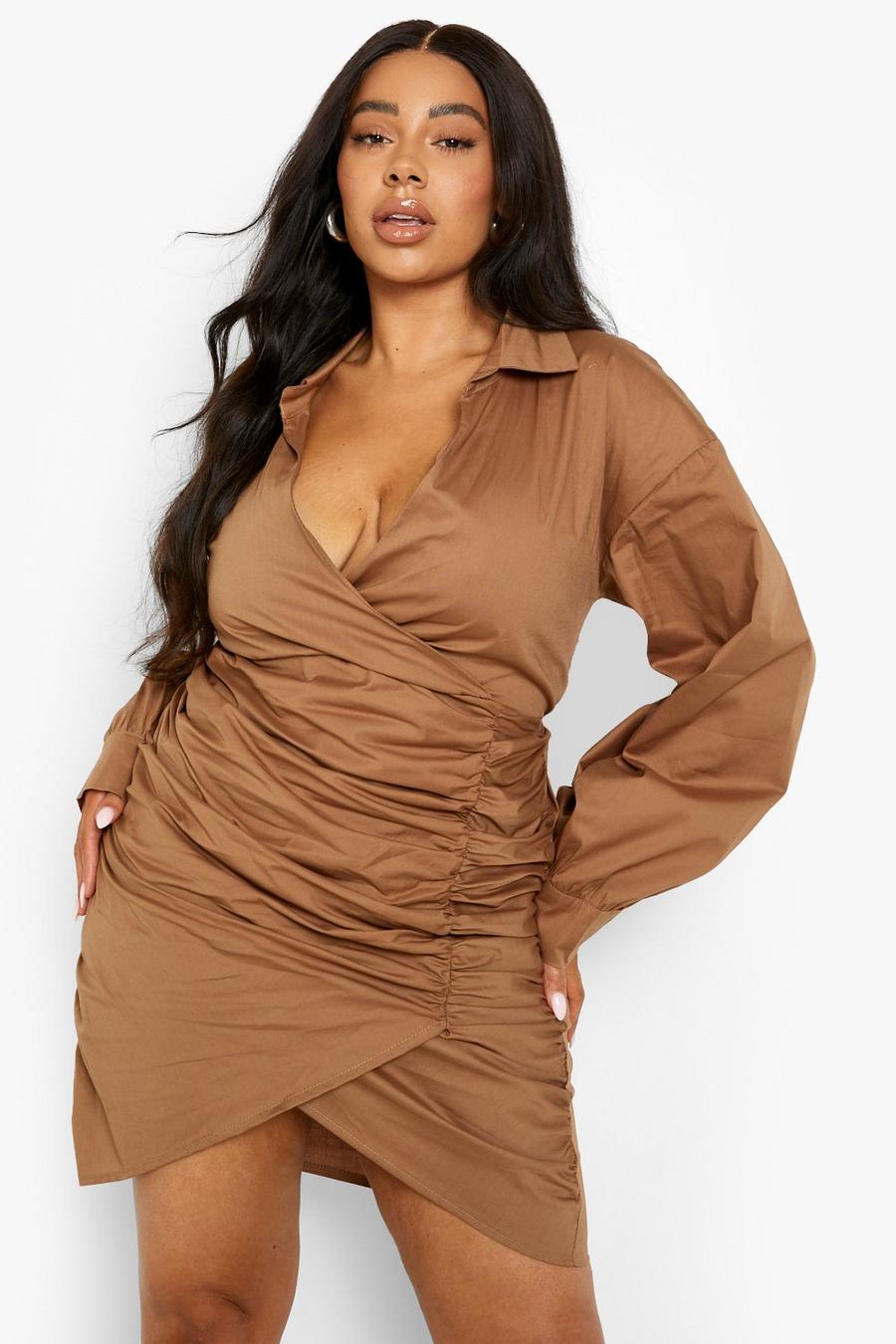 Chocolate Plus Wrap Ruched Woven Shirt Dress image number 1
