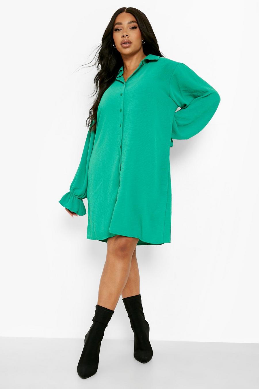 ירוק שמלת חולצה ארוגה במרקם מחוספס, למידות גדולות image number 1