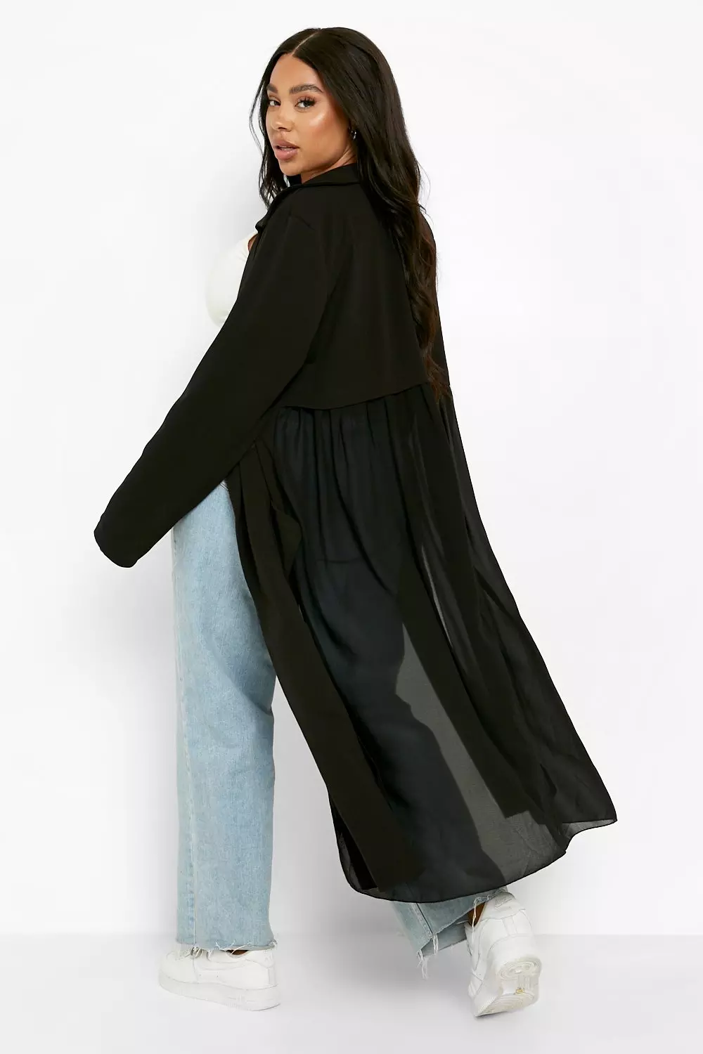 Plus Long Sleeve Waterfall Chiffon Duster Coat