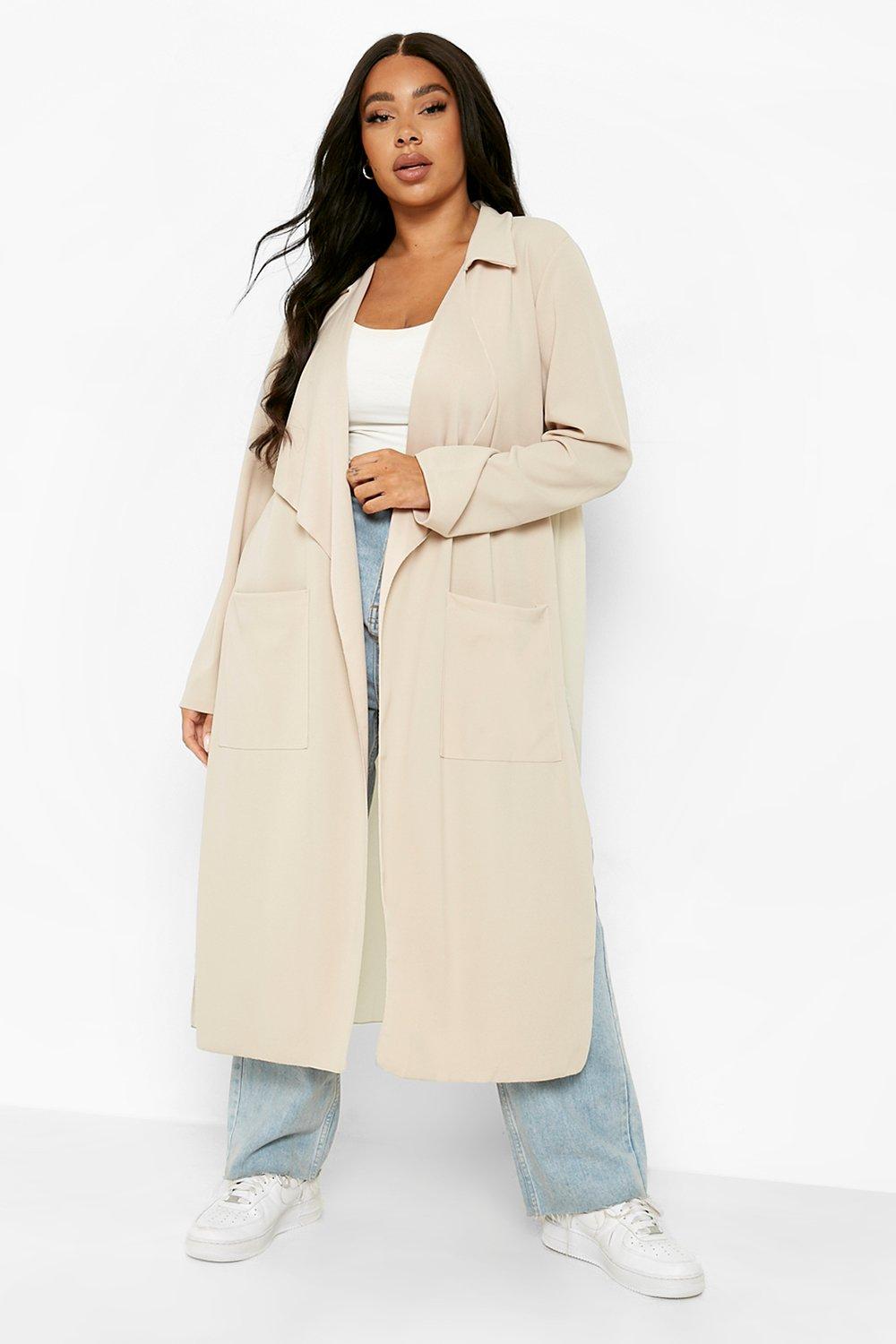 Plus Long Sleeve Waterfall Chiffon Duster Coat