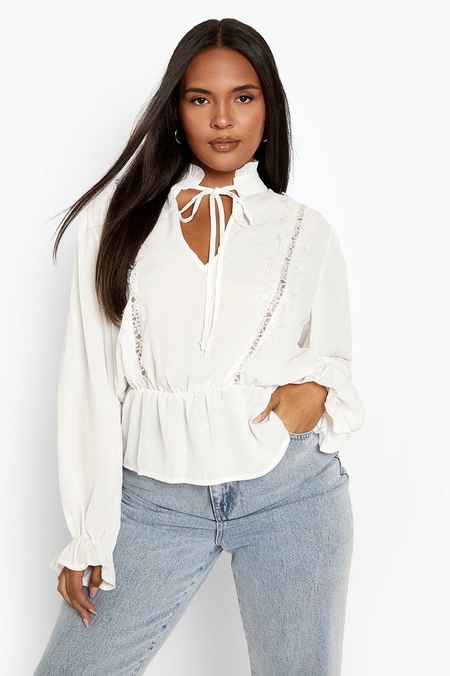 White Plus Lace Trim Pussybow Peplum Blouse image number 1