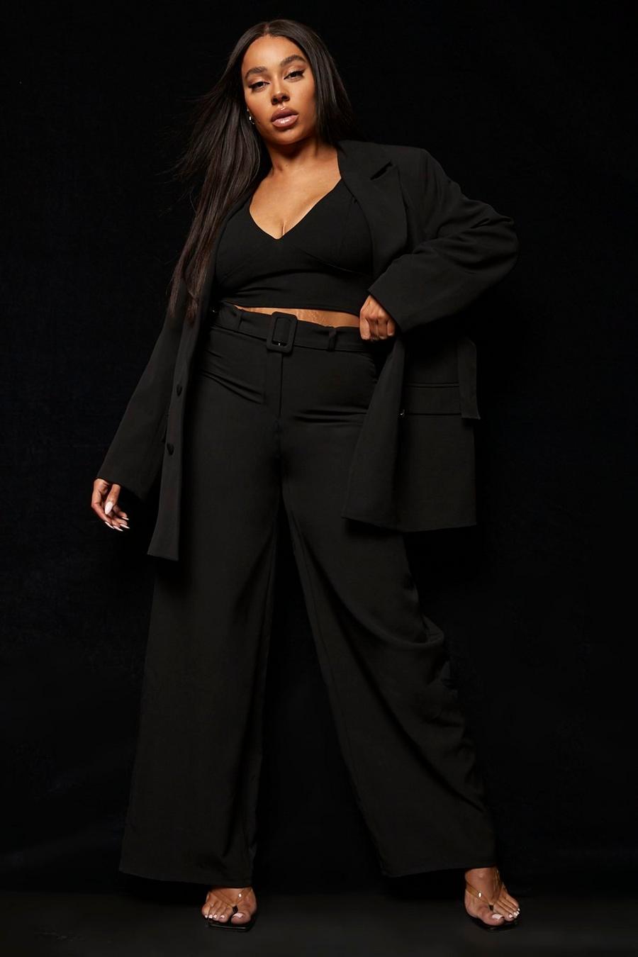 Black Plus Belted Tailored Wide Leg Suit Pants image number 1