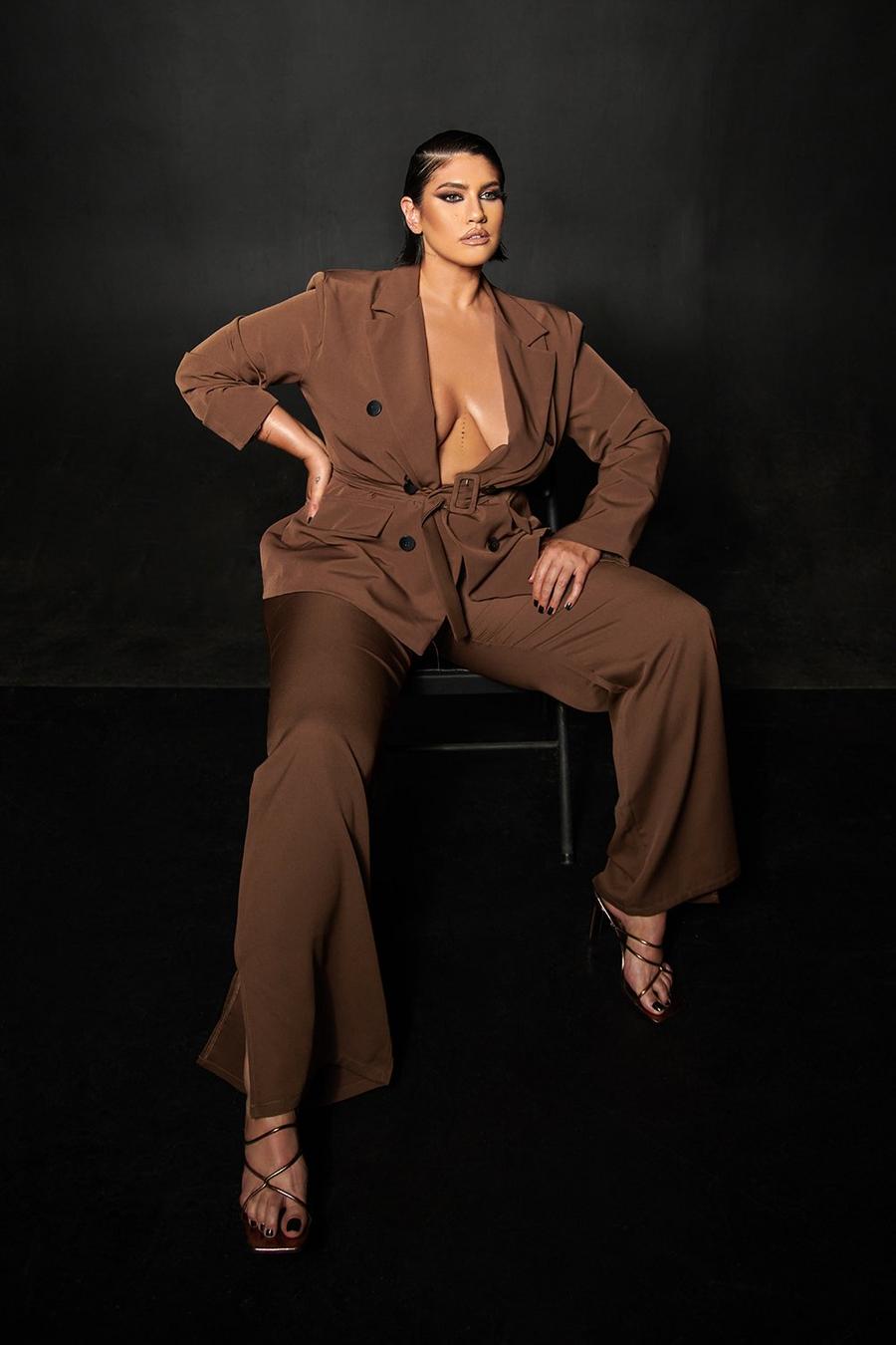 Chocolate La'Tecia Plus Belted Tailored Wide Leg Suit Trousers image number 1