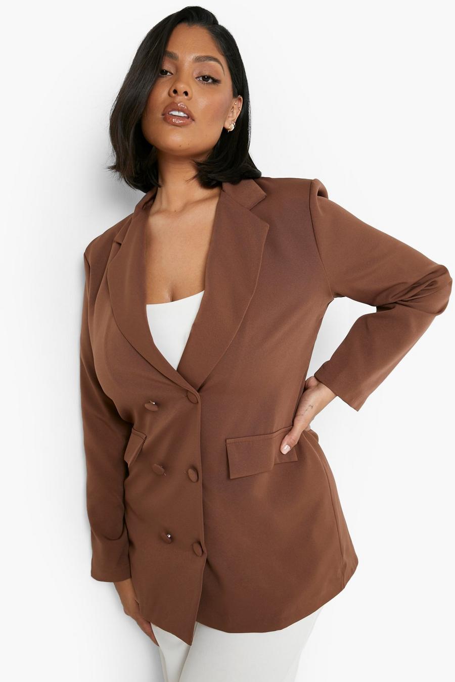Chocolate brun Plus Double Breasted Oversized Blazer image number 1