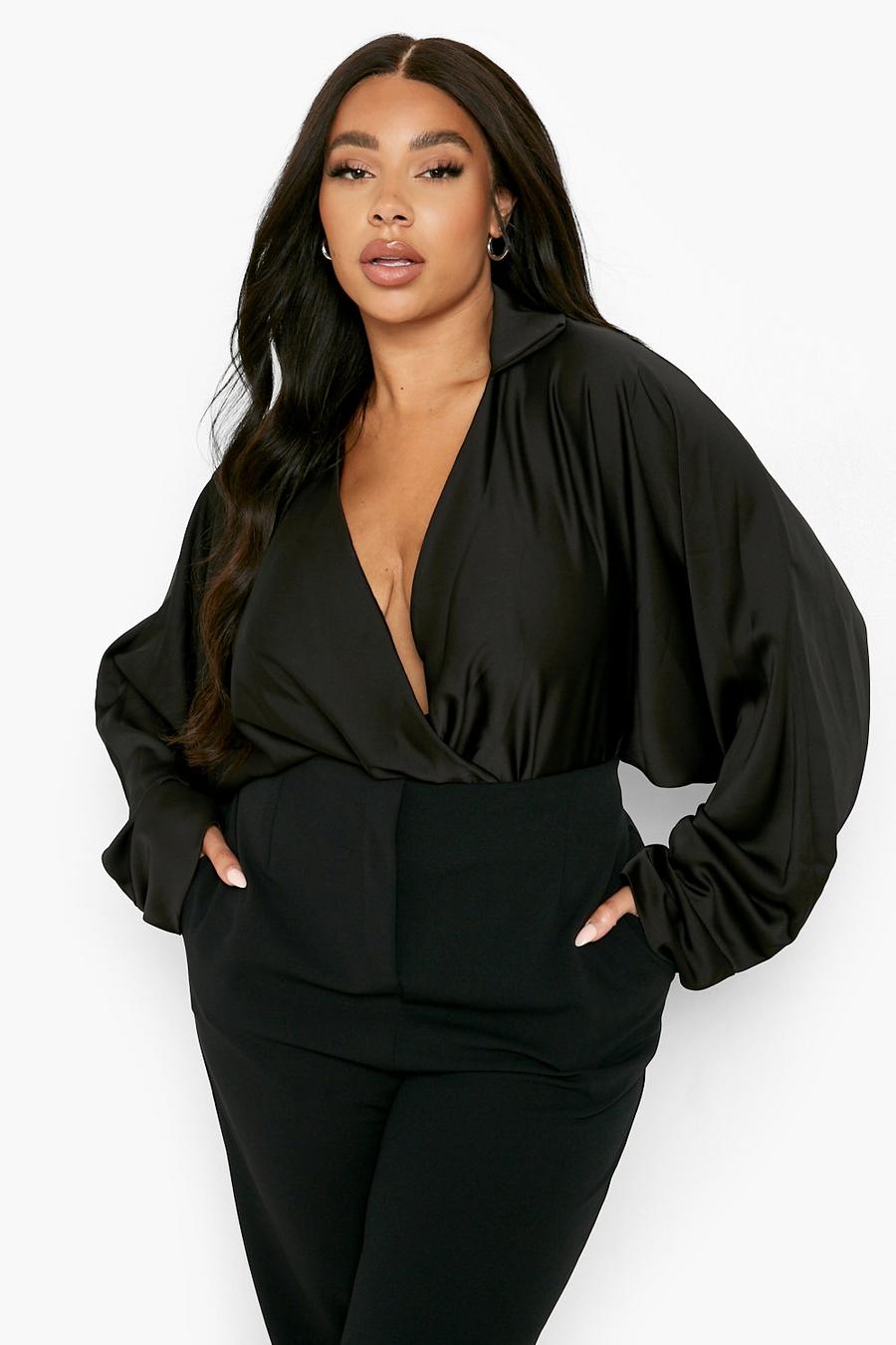 Black Plus Satin Oversized Collared Wrap Bodysuit image number 1