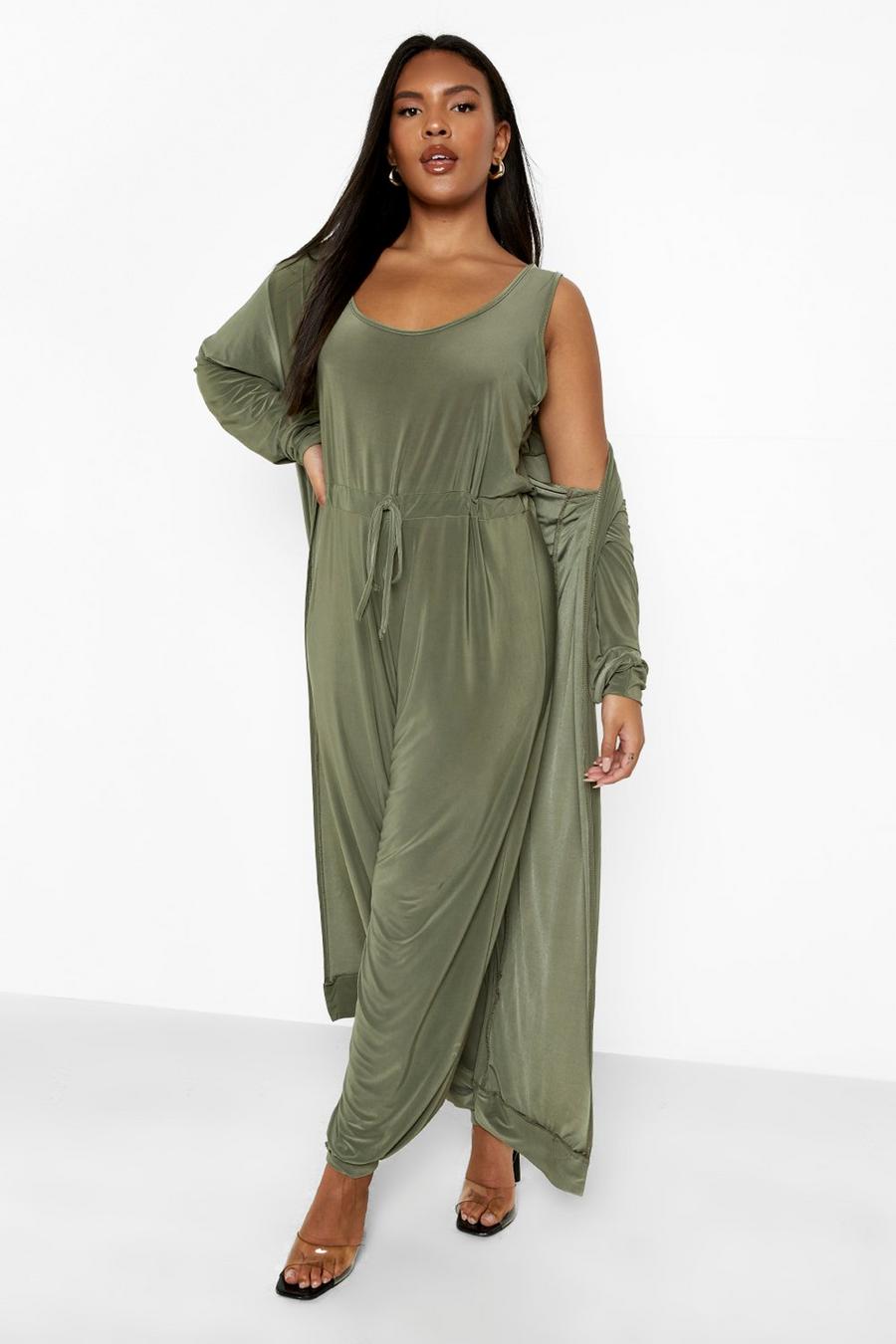 Khaki Plus Slinky Jumpsuit And Maxi Duster Co-ord